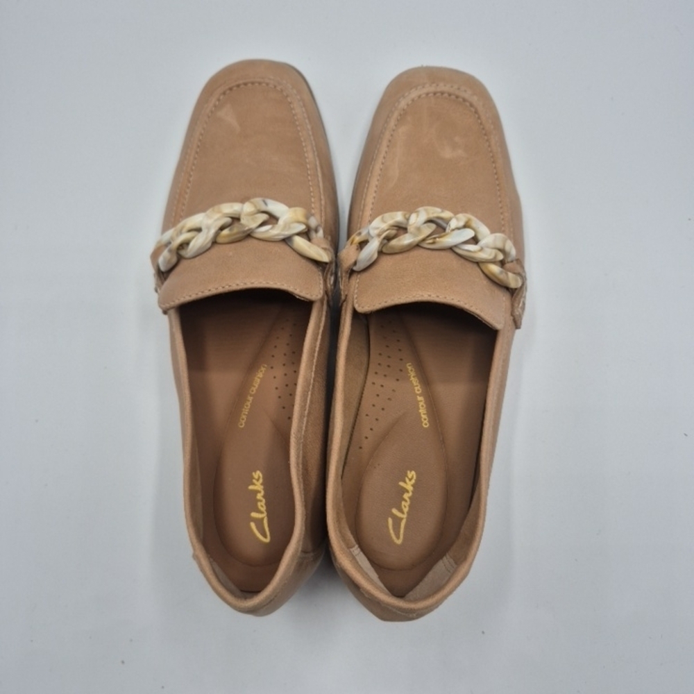Clarks Women's Tan Suede Loafers with Cream Chain Accent
